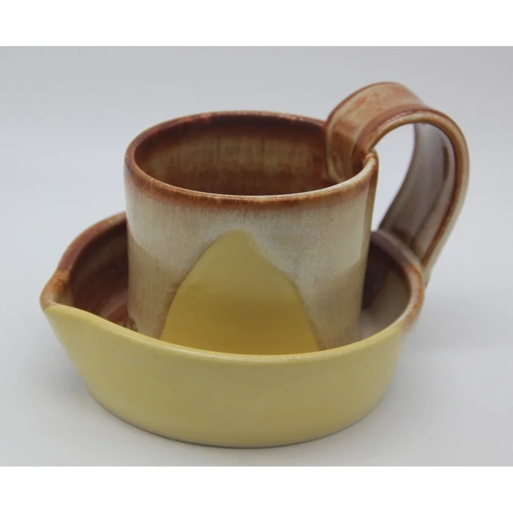 Handmade Pottery Microwave Bacon Cooker Yellow Brown Reactive Glaze Heavy Signed